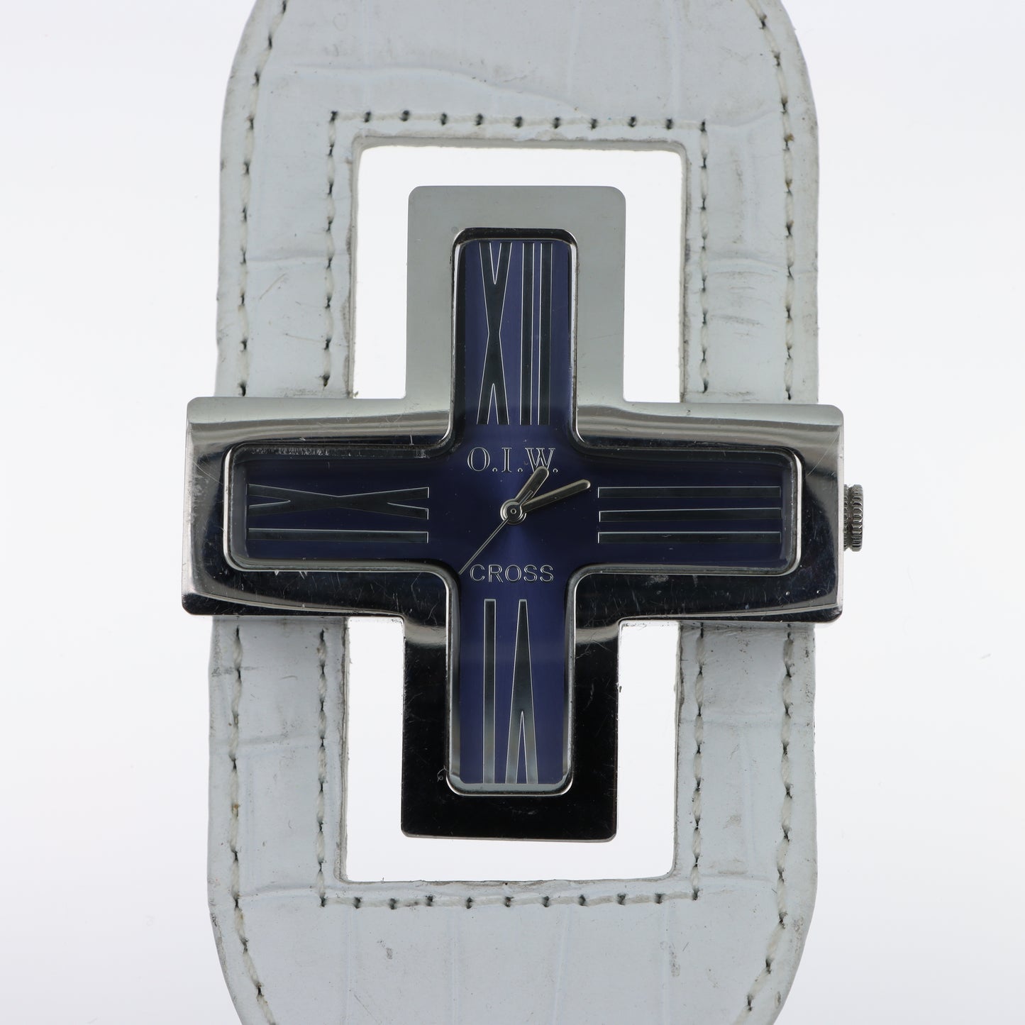 O.I.W. Cross - Orologio Donna Cassa a Croce Quadrante Blu Cinturino Coccodrillo Bianco