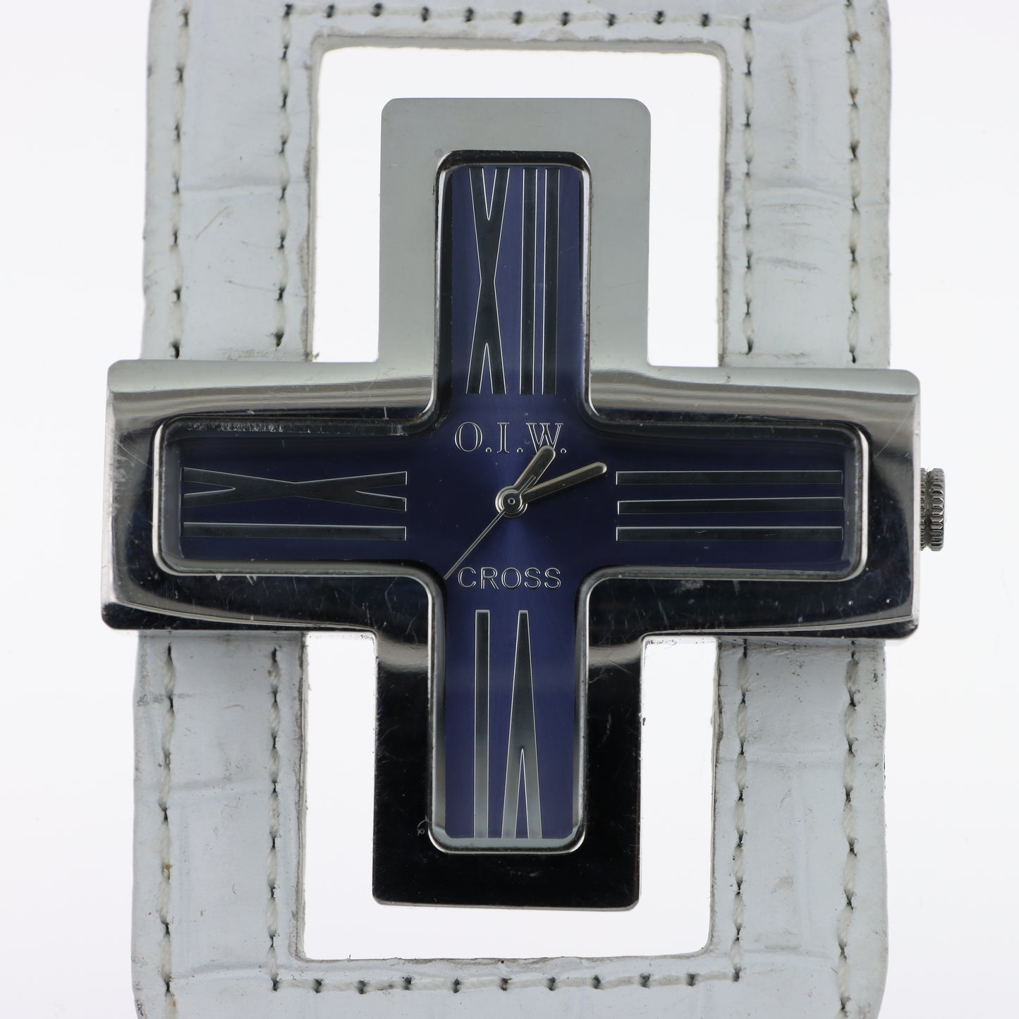 O.I.W. Cross - Orologio Donna Cassa a Croce Quadrante Blu Cinturino Coccodrillo Bianco