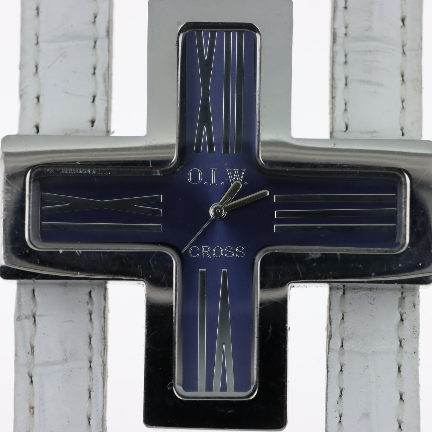 O.I.W. Cross - Orologio Donna Cassa a Croce Quadrante Blu Cinturino Coccodrillo Bianco