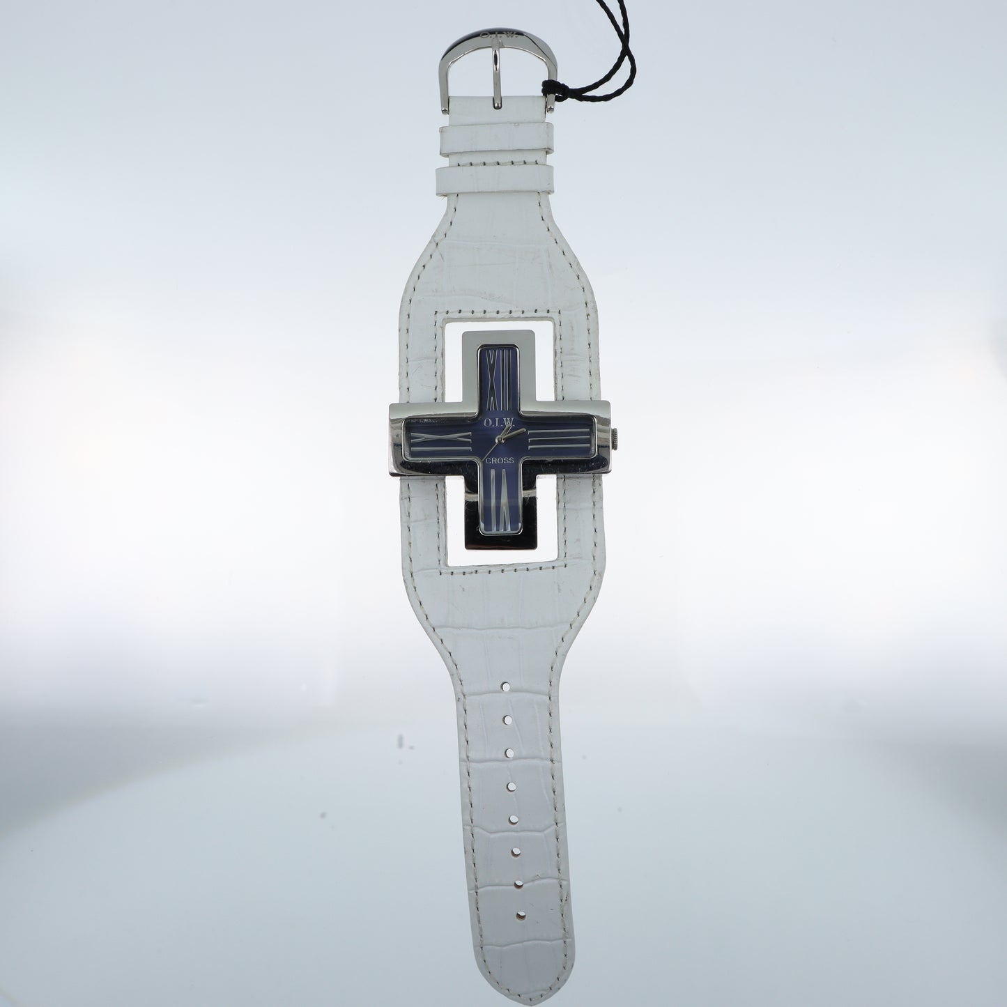 O.I.W. Cross - Orologio Donna Cassa a Croce Quadrante Blu Cinturino Coccodrillo Bianco