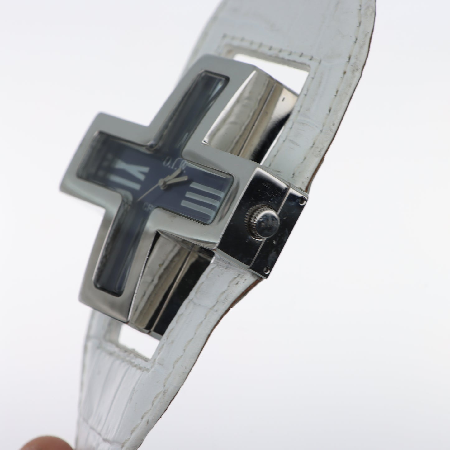 O.I.W. Cross - Orologio Donna Cassa a Croce Quadrante Blu Cinturino Coccodrillo Bianco