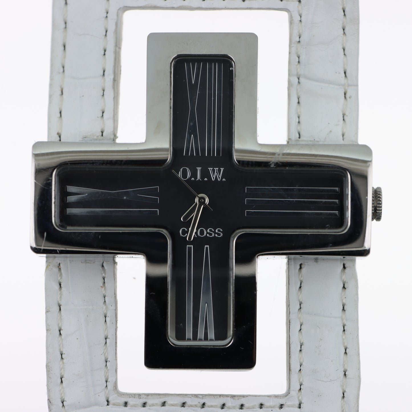O.I.W. Cross Black - Orologio Donna Cassa a Croce Argento Quadrante Nero Cinturino Pelle Bianco