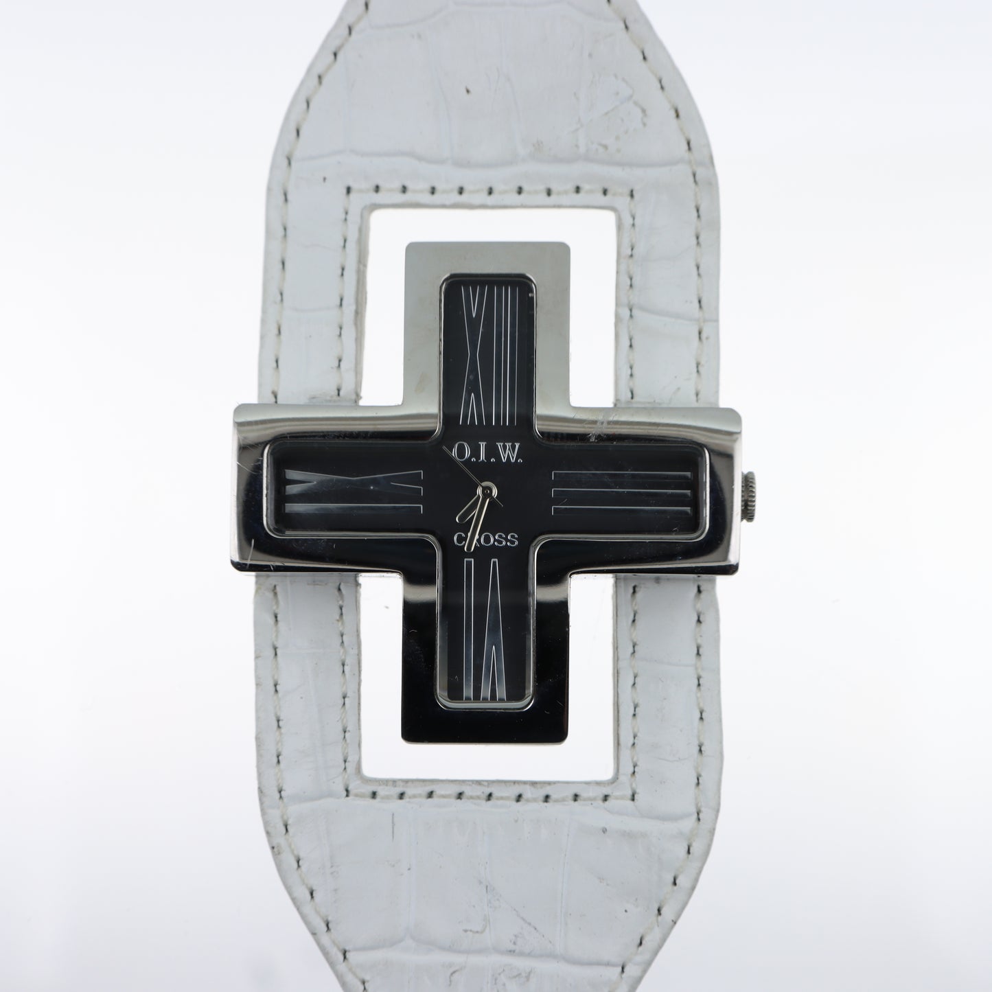O.I.W. Cross Black - Orologio Donna Cassa a Croce Argento Quadrante Nero Cinturino Pelle Bianco