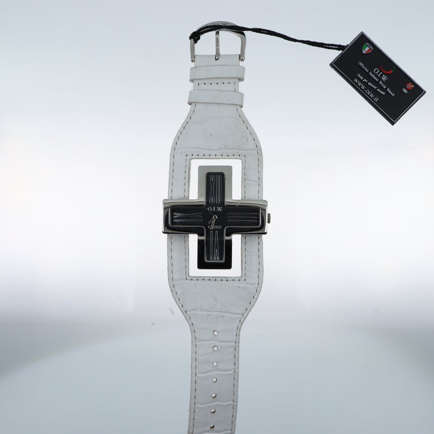 O.I.W. Cross Black - Orologio Donna Cassa a Croce Argento Quadrante Nero Cinturino Pelle Bianco