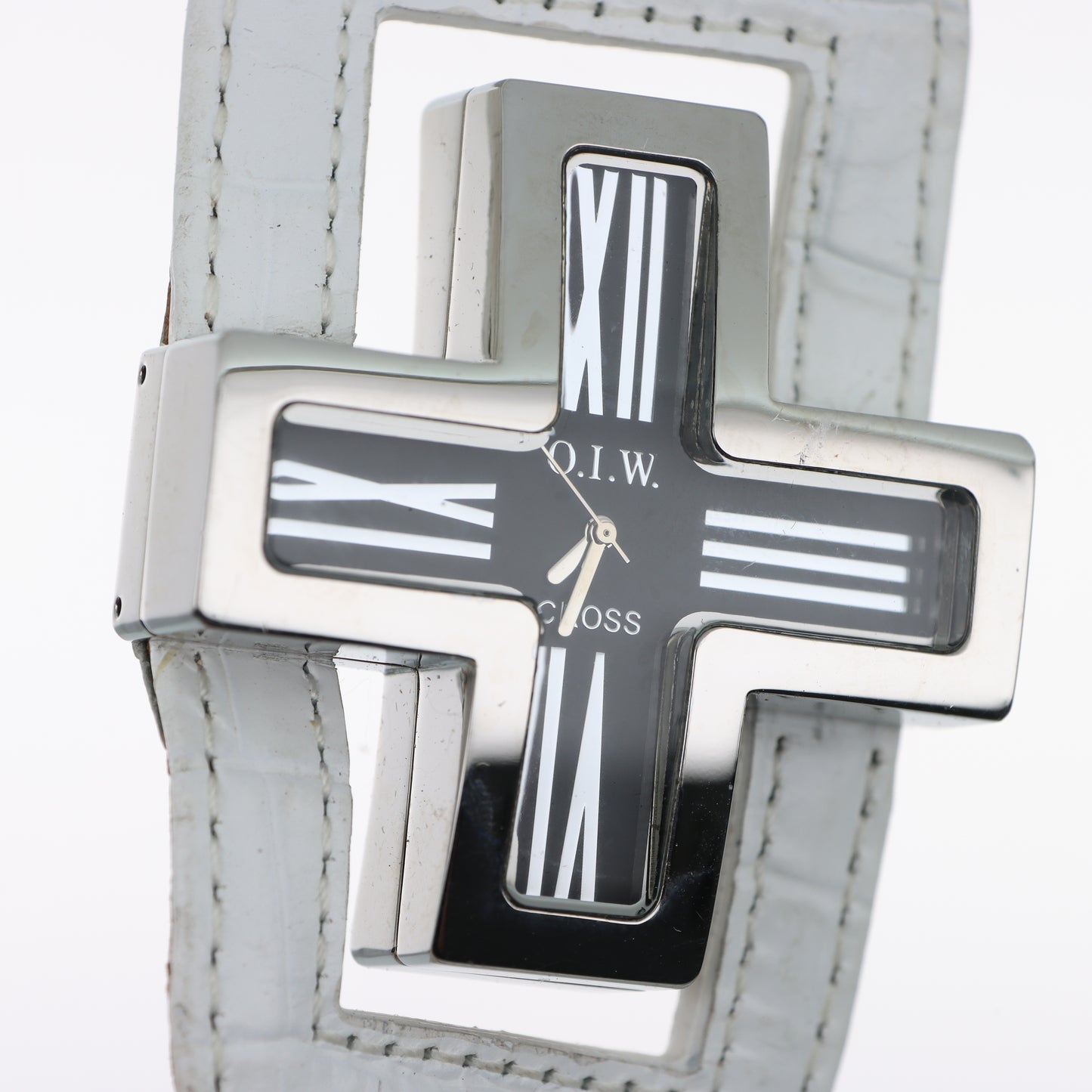 O.I.W. Cross Black - Orologio Donna Cassa a Croce Argento Quadrante Nero Cinturino Pelle Bianco