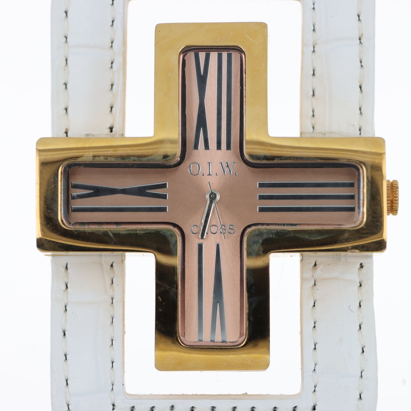 O.I.W. Cross Gold - Orologio Donna Cassa a Croce Gold Quadrante Rose Gold Cinturino Pelle Bianco