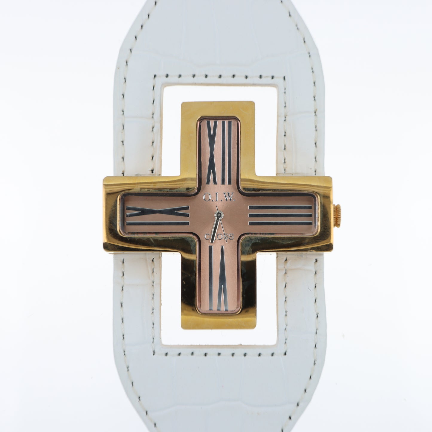 O.I.W. Cross Gold - Orologio Donna Cassa a Croce Gold Quadrante Rose Gold Cinturino Pelle Bianco