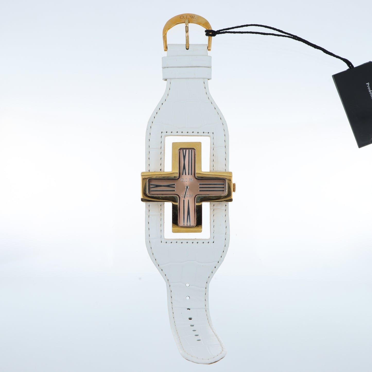 O.I.W. Cross Gold - Orologio Donna Cassa a Croce Gold Quadrante Rose Gold Cinturino Pelle Bianco
