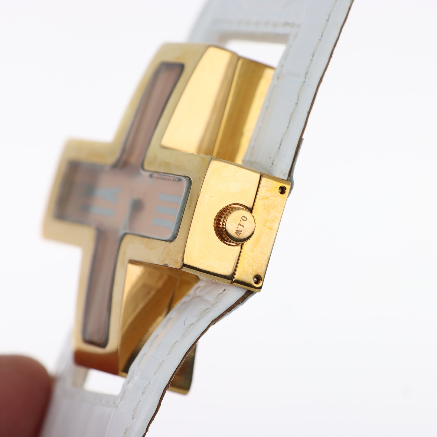 O.I.W. Cross Gold - Orologio Donna Cassa a Croce Gold Quadrante Rose Gold Cinturino Pelle Bianco