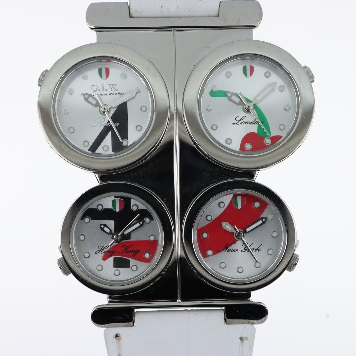 O.I.W. 4 City - Orologio Donna 4 Fusi Orari Roma Londra Hong Kong New York Cinturino Bianco