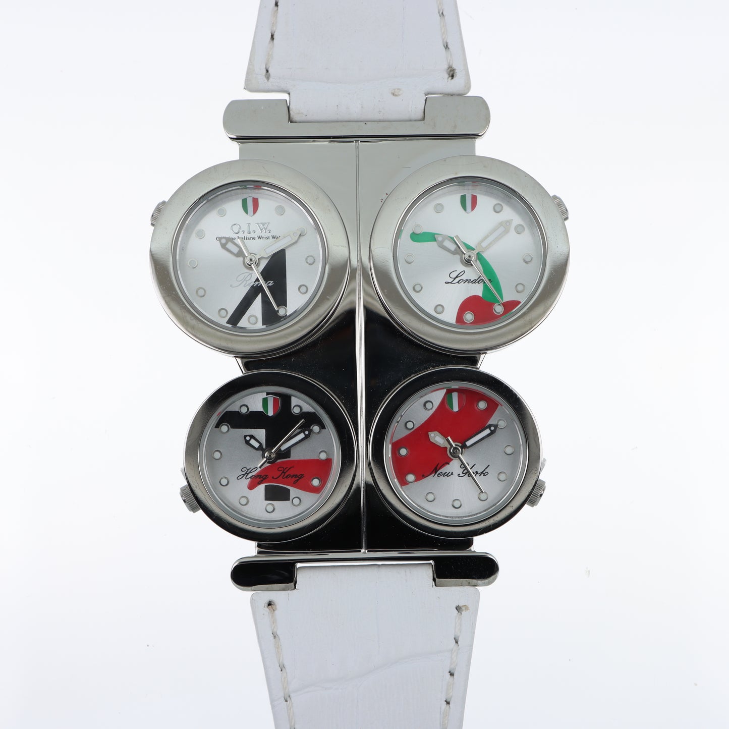 O.I.W. 4 City - Orologio Donna 4 Fusi Orari Roma Londra Hong Kong New York Cinturino Bianco