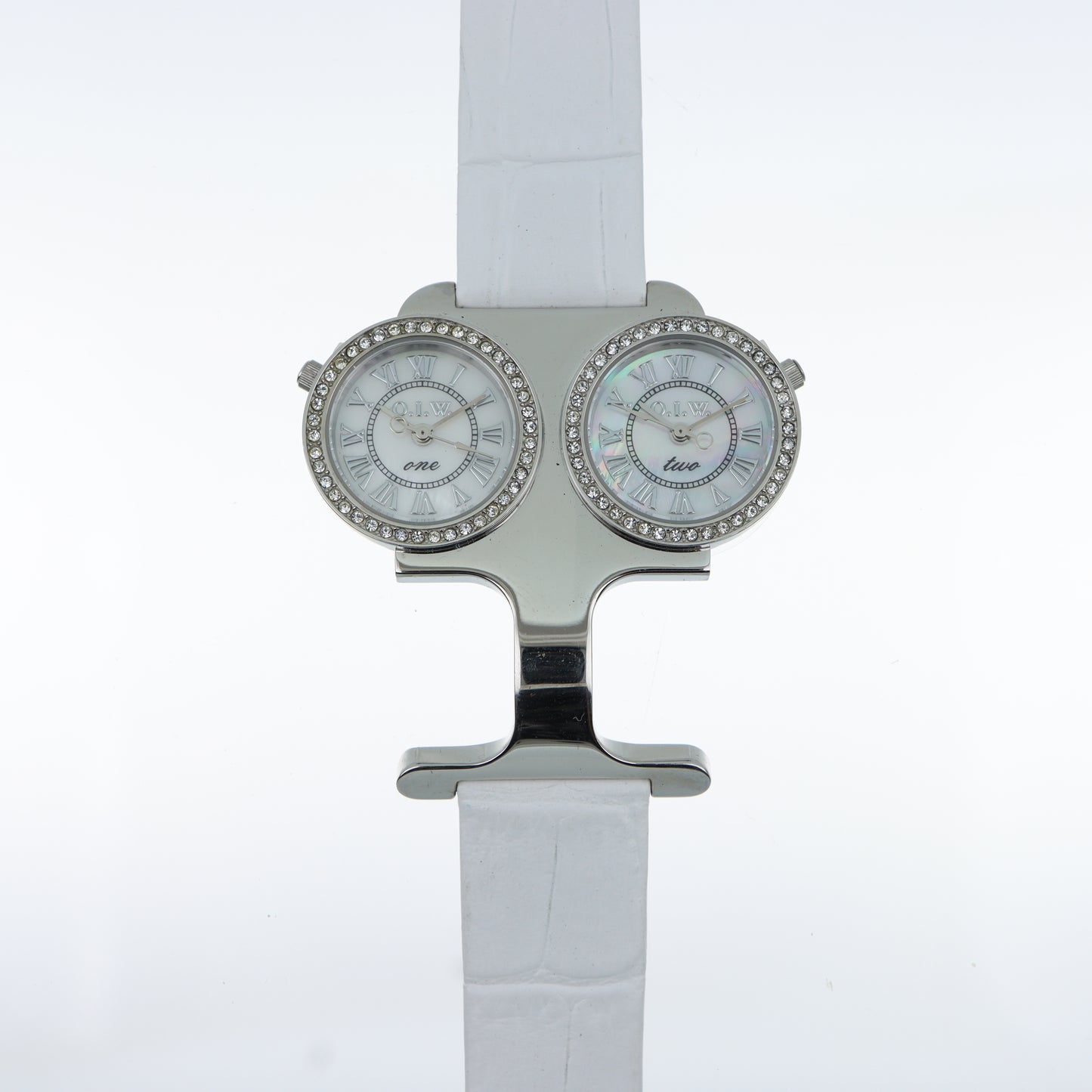 O.I.W. Twin - Orologio Donna Doppio Quadrante Madreperla con Cristalli Cinturino Pelle Bianco