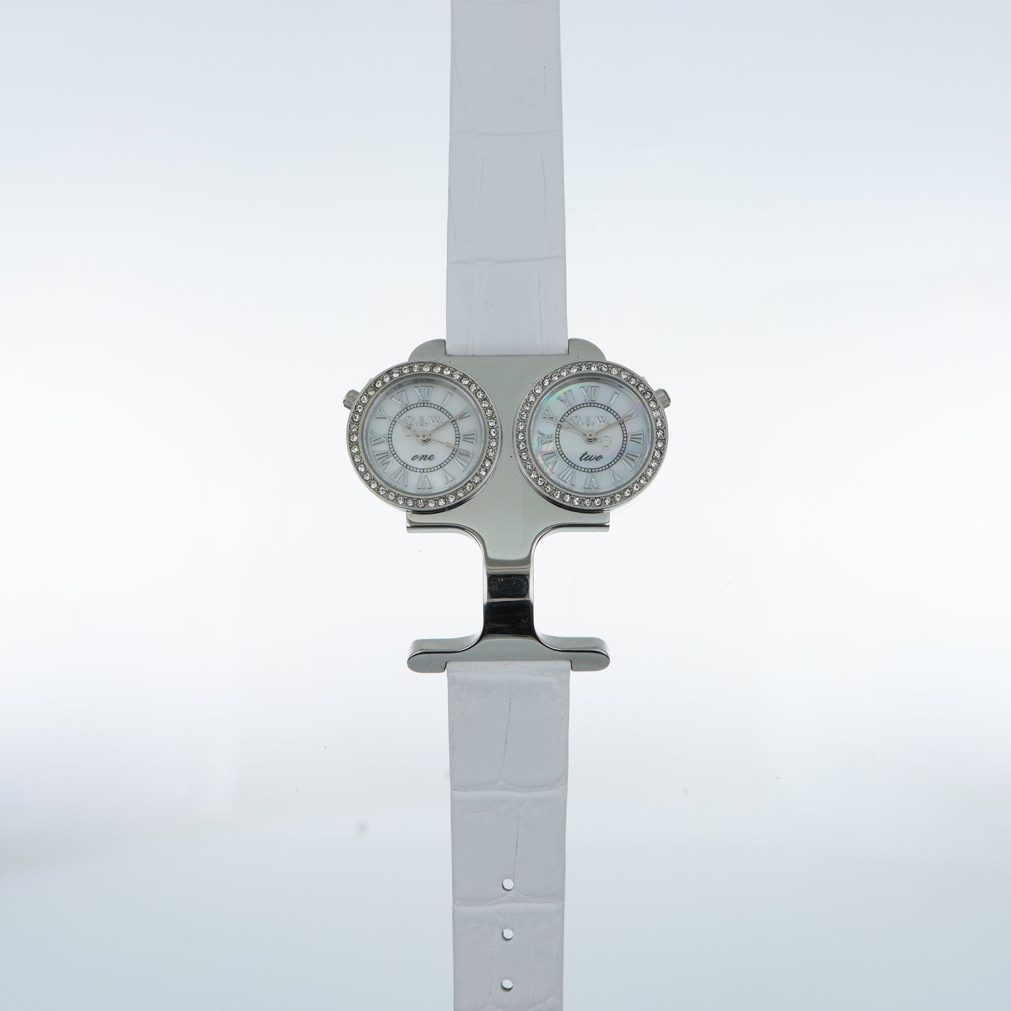 O.I.W. Twin - Orologio Donna Doppio Quadrante Madreperla con Cristalli Cinturino Pelle Bianco