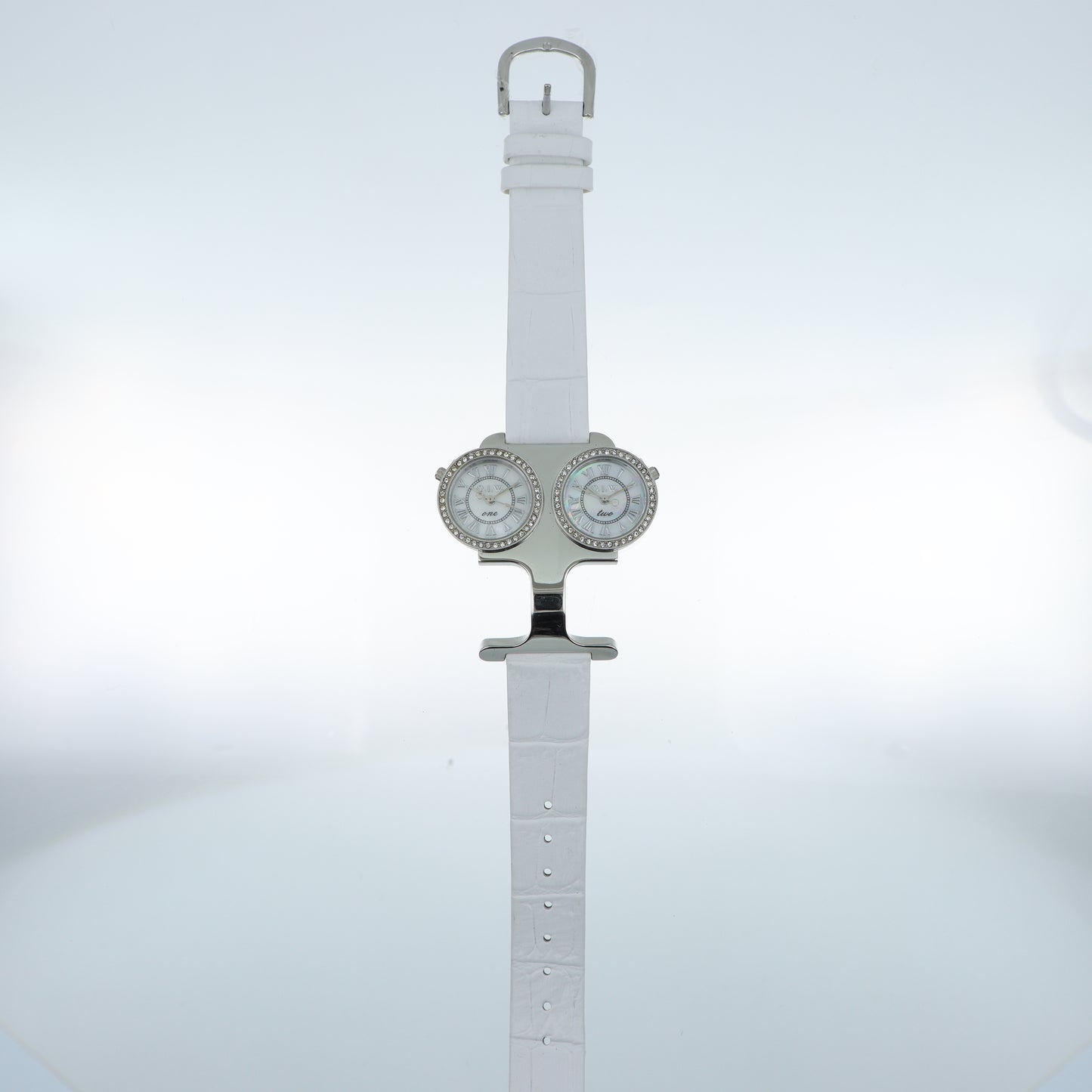 O.I.W. Twin - Orologio Donna Doppio Quadrante Madreperla con Cristalli Cinturino Pelle Bianco