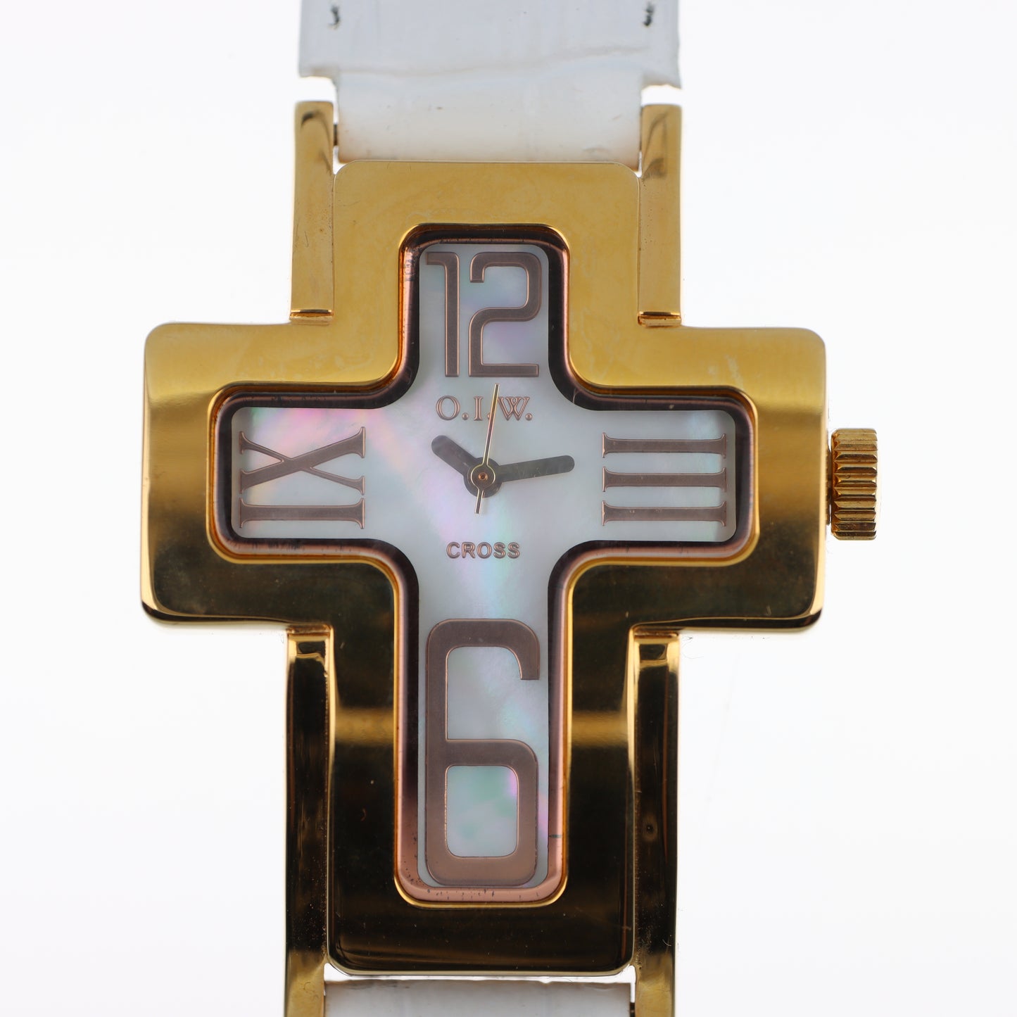 O.I.W. Cross Gold Madreperla - Orologio Donna Cassa a Croce Gold Quadrante Madreperla Cinturino Silicone Bianco