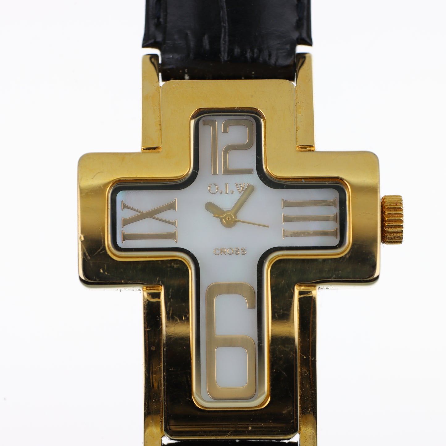 O.I.W. Cross Gold Black - Orologio Donna Cassa a Croce Gold Quadrante Bianco Cinturino Pelle Nero