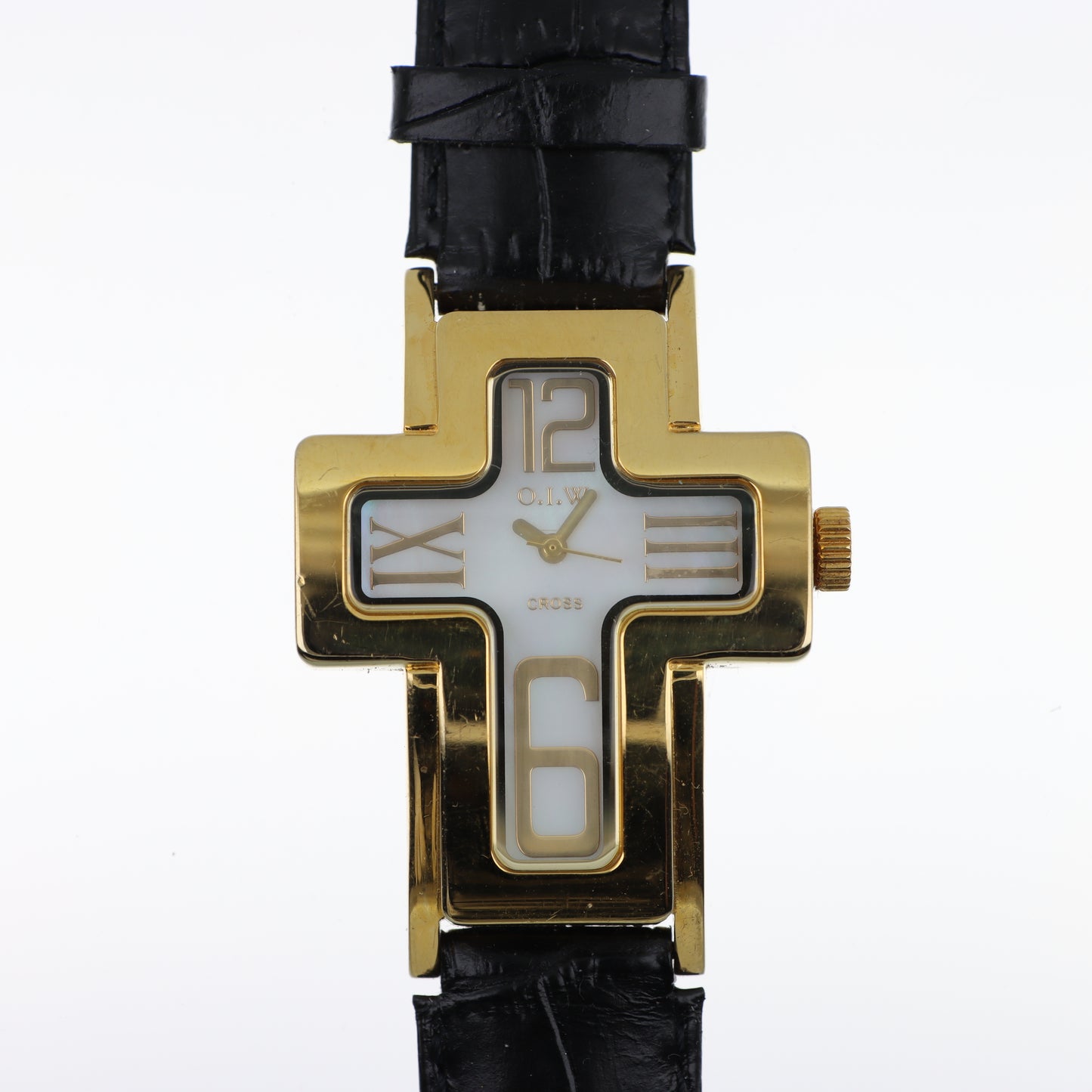 O.I.W. Cross Gold Black - Orologio Donna Cassa a Croce Gold Quadrante Bianco Cinturino Pelle Nero