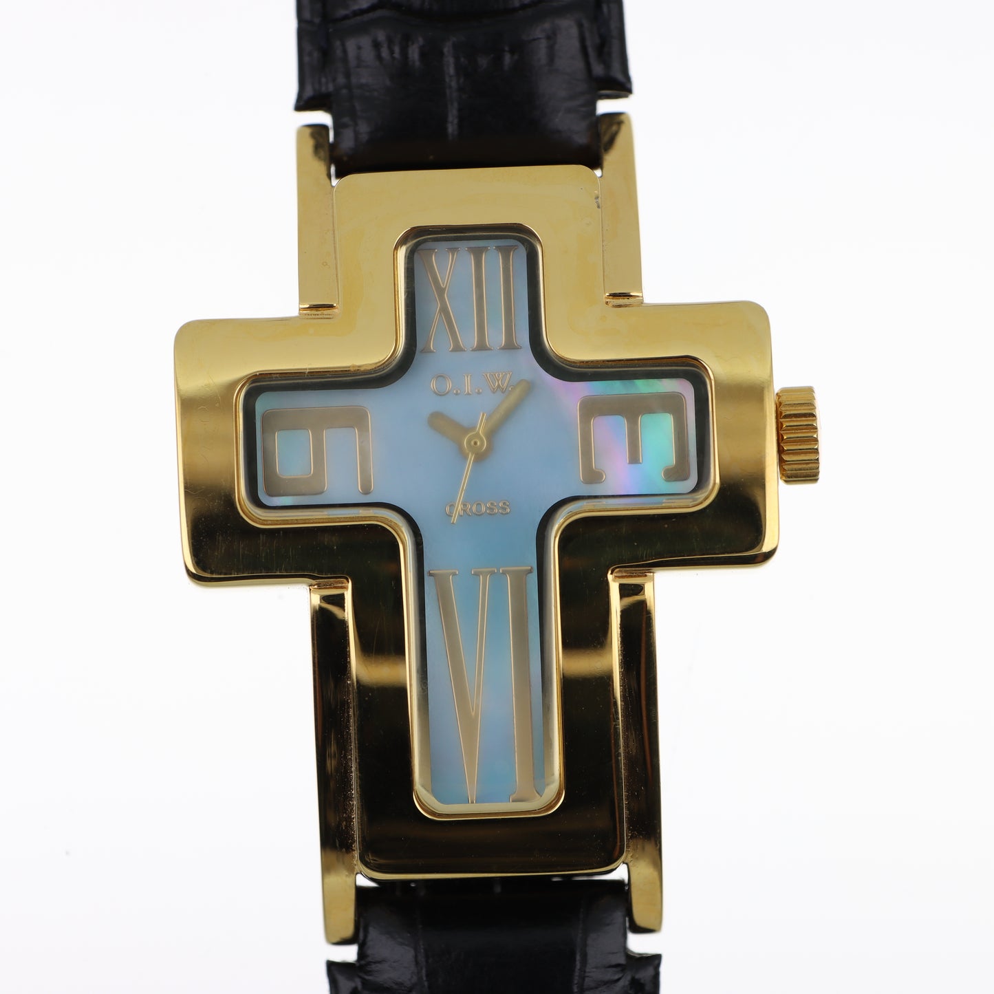 O.I.W. Cross Gold Madreperla Blu - Orologio Donna Cassa a Croce Gold Quadrante Madreperla Blu Cinturino Pelle Nero