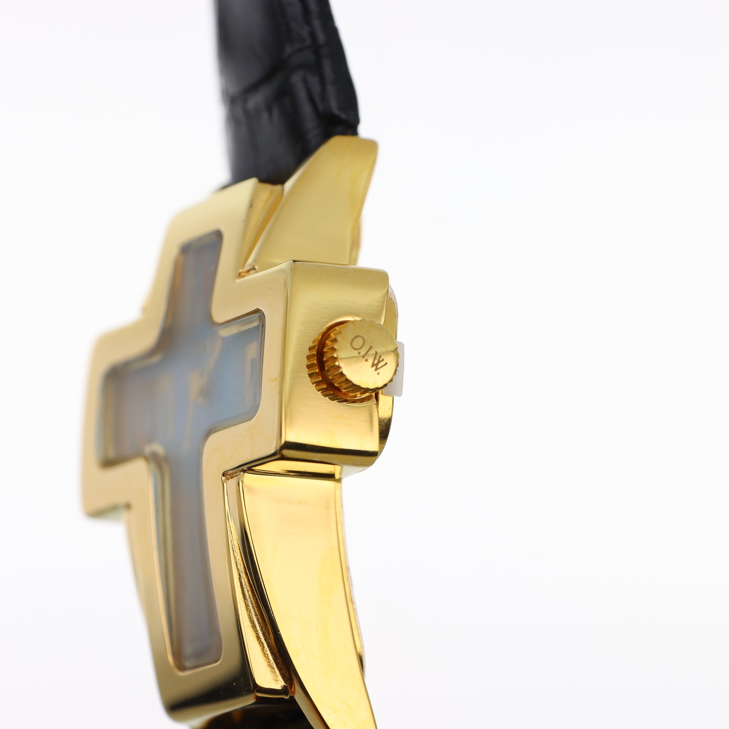 O.I.W. Cross Gold Madreperla Blu - Orologio Donna Cassa a Croce Gold Quadrante Madreperla Blu Cinturino Pelle Nero