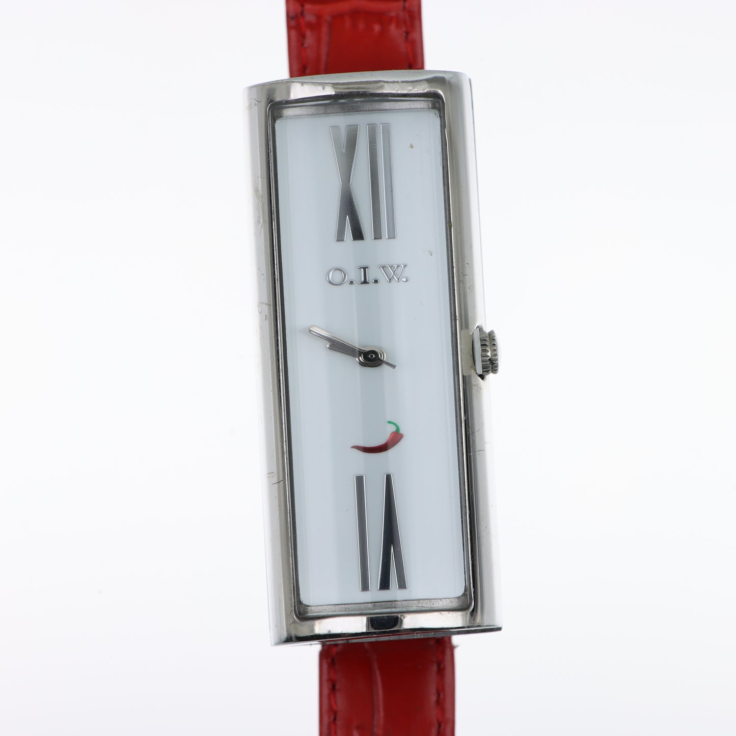 O.I.W. Peperoncino Slim - Orologio Donna Cassa Rettangolare Argento Quadrante Bianco Cinturino Pelle Rosso