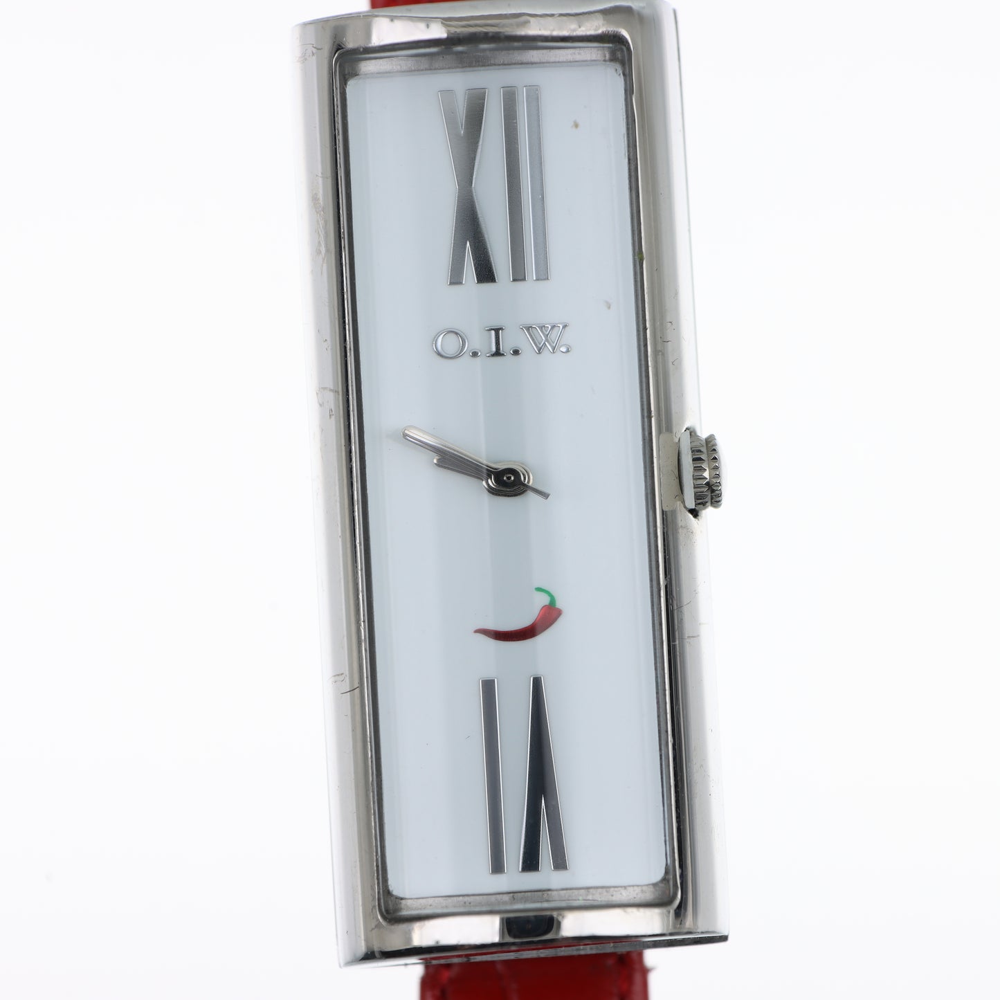 O.I.W. Peperoncino Slim - Orologio Donna Cassa Rettangolare Argento Quadrante Bianco Cinturino Pelle Rosso