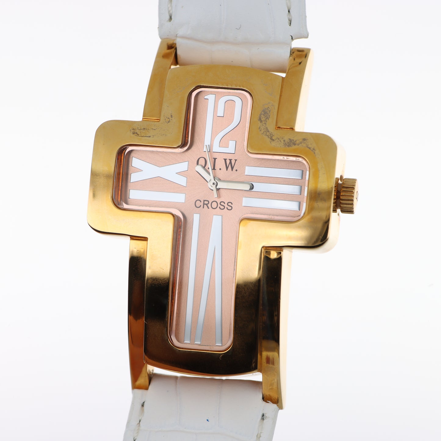 O.I.W. Cross Gold Rose - Orologio Donna Cassa a Croce Gold Quadrante Rosa Cipria Cinturino Pelle Bianco