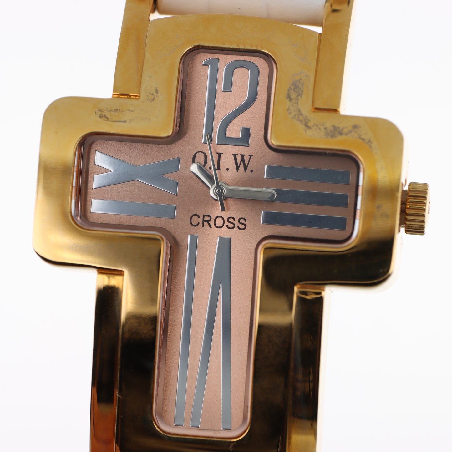 O.I.W. Cross Gold Rose - Orologio Donna Cassa a Croce Gold Quadrante Rosa Cipria Cinturino Pelle Bianco