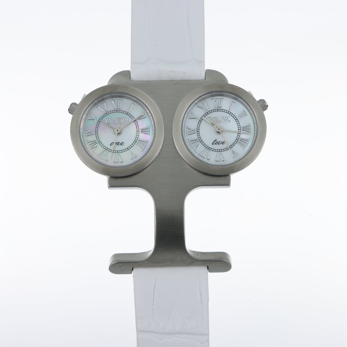 O.I.W. Twin Steel - Orologio Donna Doppio Quadrante Acciaio Satinato Madreperla Cinturino Pelle Bianco