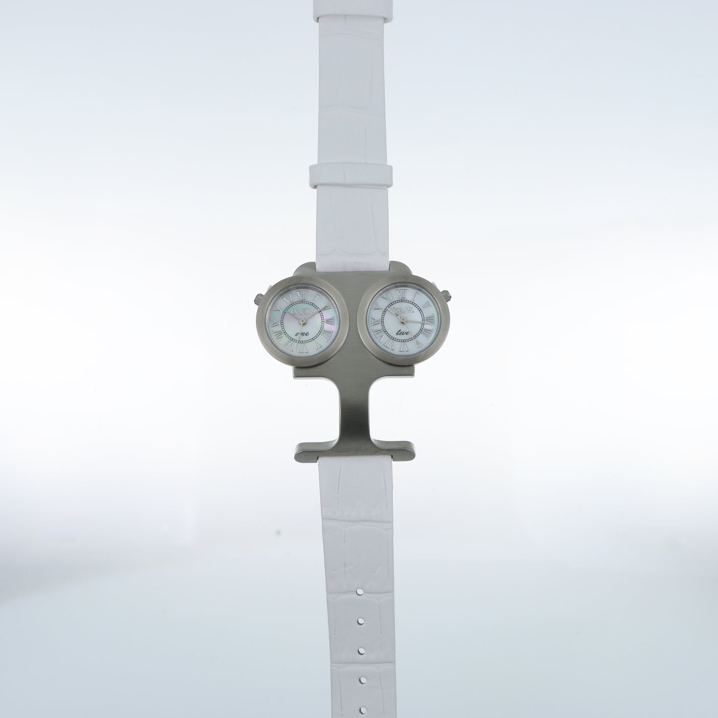 O.I.W. Twin Steel - Orologio Donna Doppio Quadrante Acciaio Satinato Madreperla Cinturino Pelle Bianco