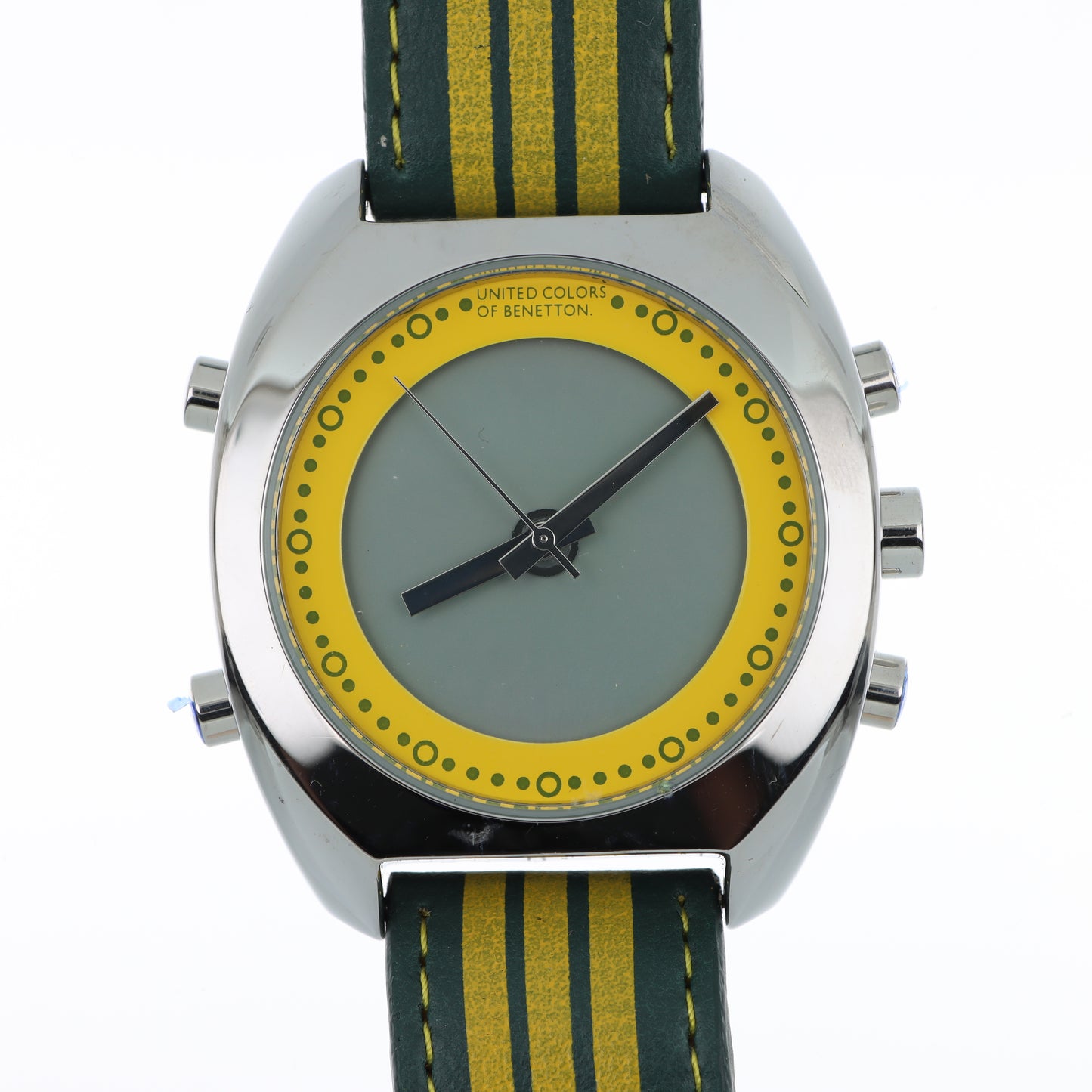 United Colors of Benetton Retro Watch – Cassa Silver, Quadrante Verde/Giallo e Cinturino a Righe