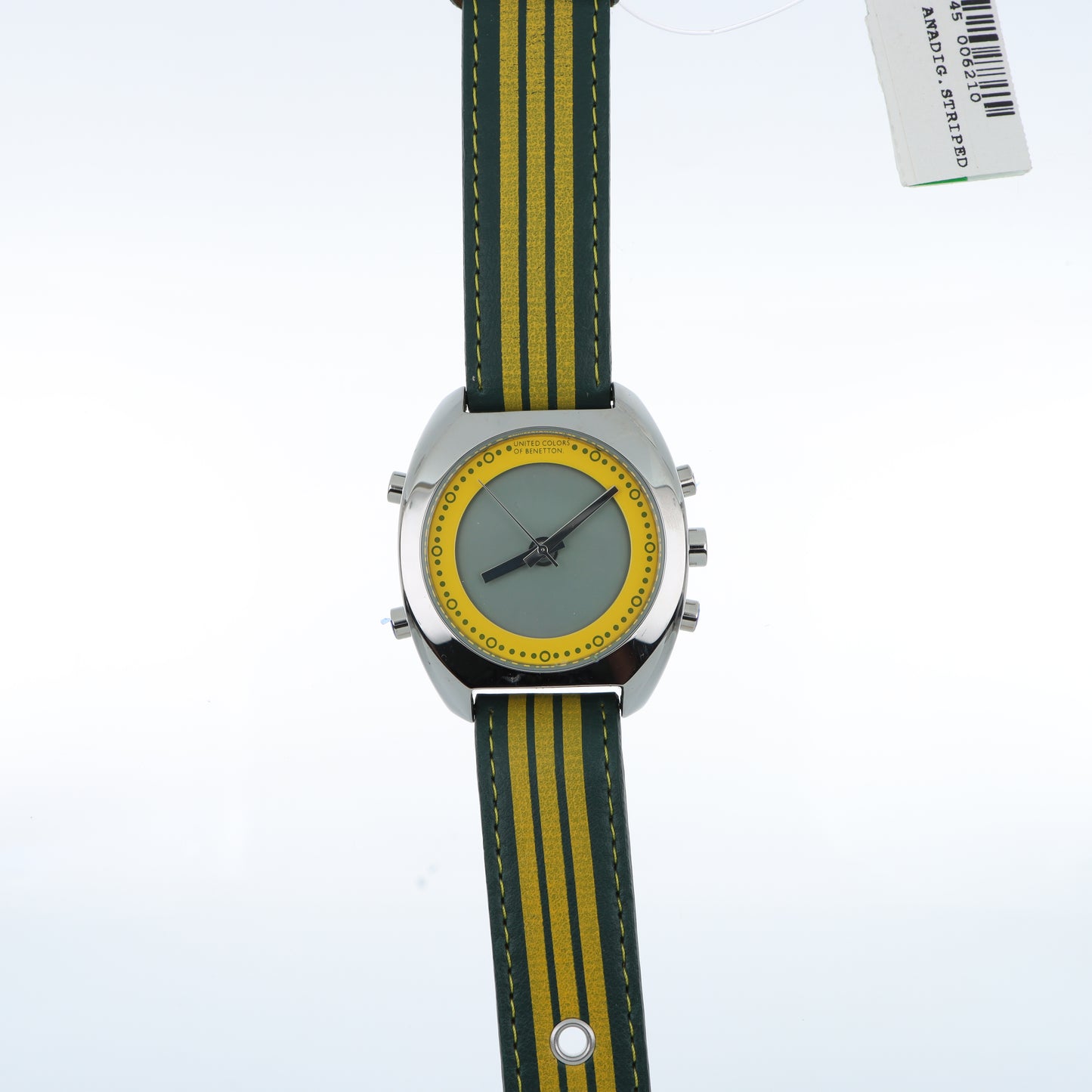 United Colors of Benetton Retro Watch – Cassa Silver, Quadrante Verde/Giallo e Cinturino a Righe