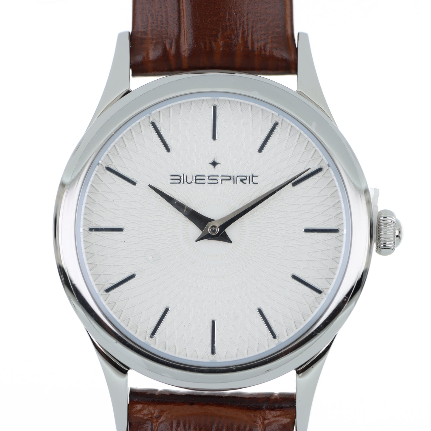 Blue Spirit Slim Watch – Quadrante Bianco Guilloché, Cassa Silver Sottile e Cinturino in Pelle Marrone Coccodrillo