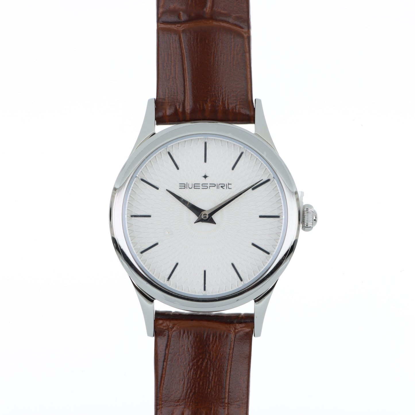 Blue Spirit Slim Watch – Quadrante Bianco Guilloché, Cassa Silver Sottile e Cinturino in Pelle Marrone Coccodrillo