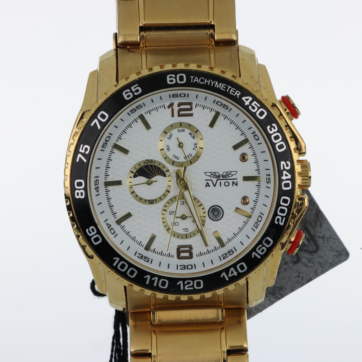 Orologio Avion Cronografo Tachimetro Gold - Fase Lunare e Bracciale in Acciaio Dorato