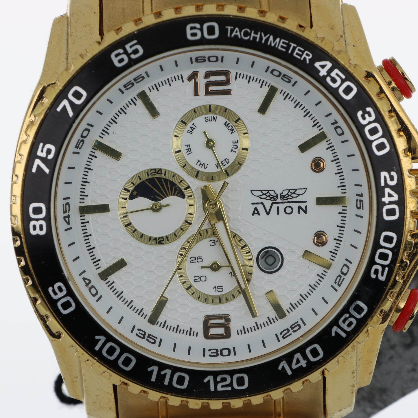 Orologio Avion Cronografo Tachimetro Gold - Fase Lunare e Bracciale in Acciaio Dorato