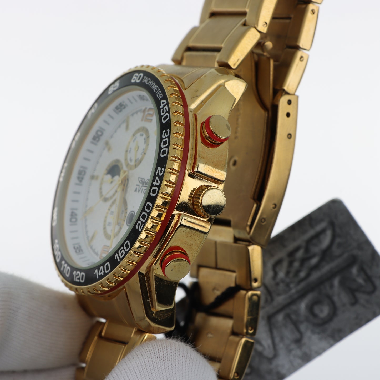 Orologio Avion Cronografo Tachimetro Gold - Fase Lunare e Bracciale in Acciaio Dorato