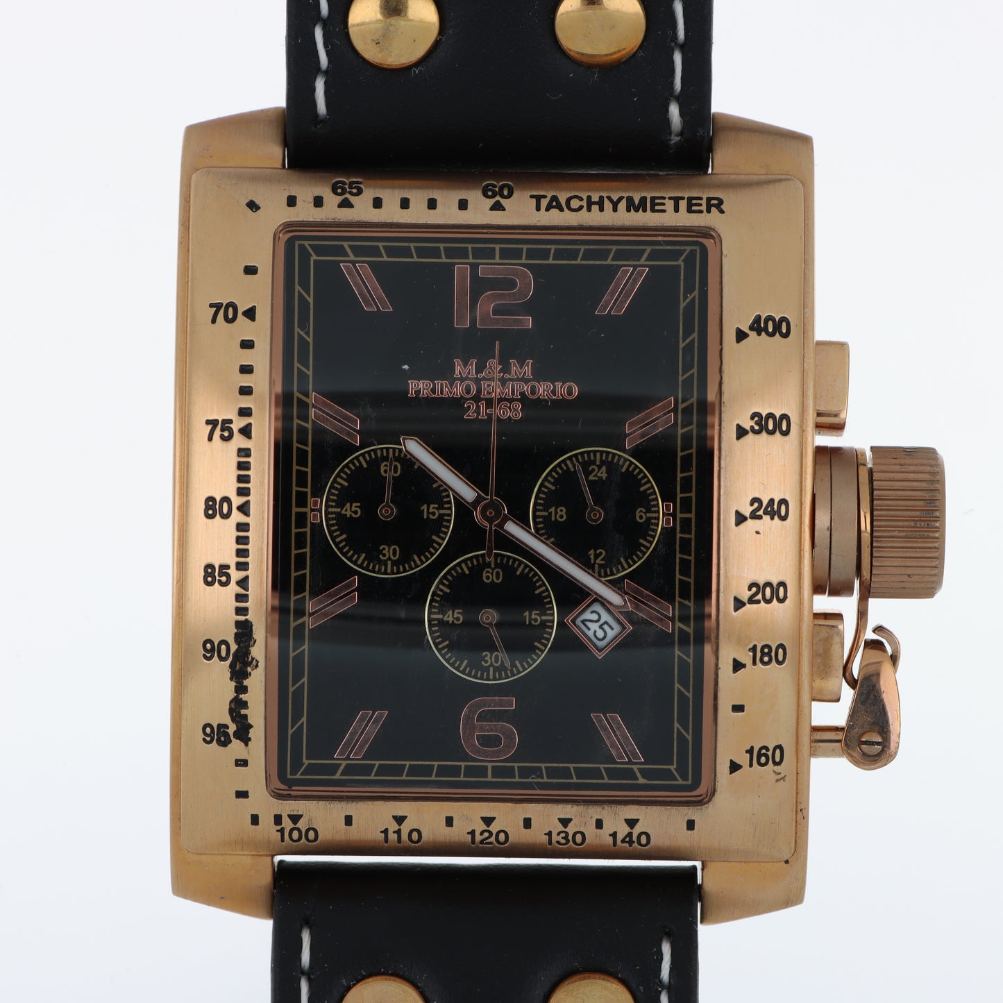 Orologio M&M Primo Emporio 21-68 Cronografo Tachimetro Rose Gold - Quadrante Nero e Cinturino Borchiato