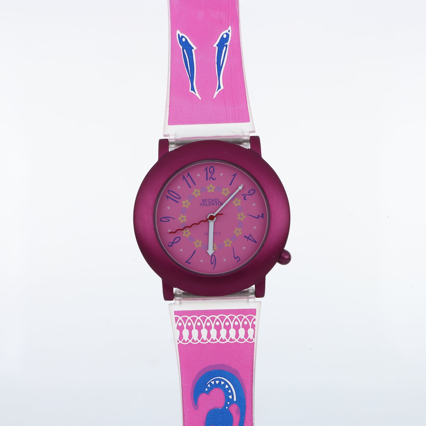 Orologio Michel Valentin Bambina Delfini - Quadrante Rosa con Fiorellini e Cinturino Fucsia