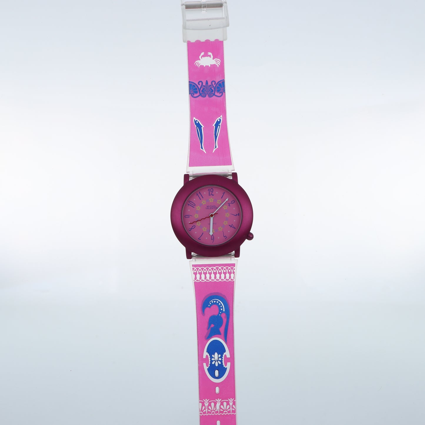 Orologio Michel Valentin Bambina Delfini - Quadrante Rosa con Fiorellini e Cinturino Fucsia