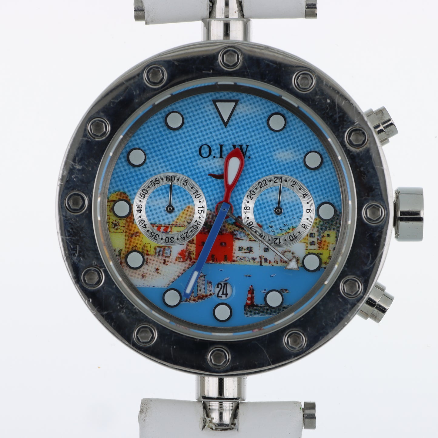 Orologio O.I.W. Cronografo Art Edition - Quadrante Dipinto Paesaggio Marino e Cinturino Bianco