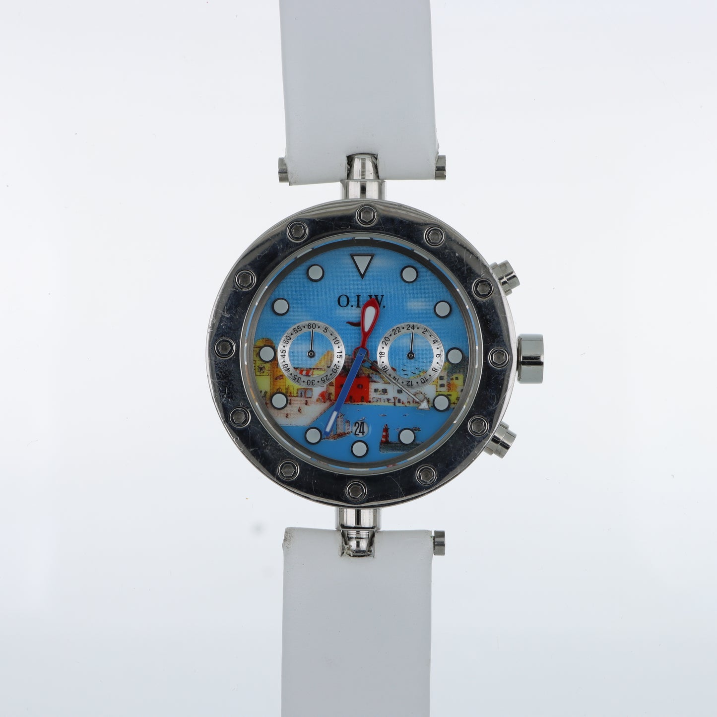Orologio O.I.W. Cronografo Art Edition - Quadrante Dipinto Paesaggio Marino e Cinturino Bianco