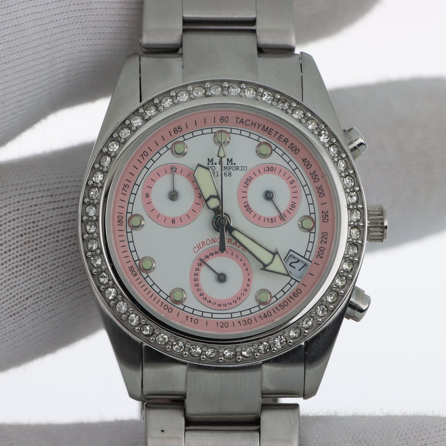Orologio M&M Primo Emporio 21-68 Cronografo Tachimetro Silver Pink - Lunetta con Cristalli e Bracciale in Acciaio