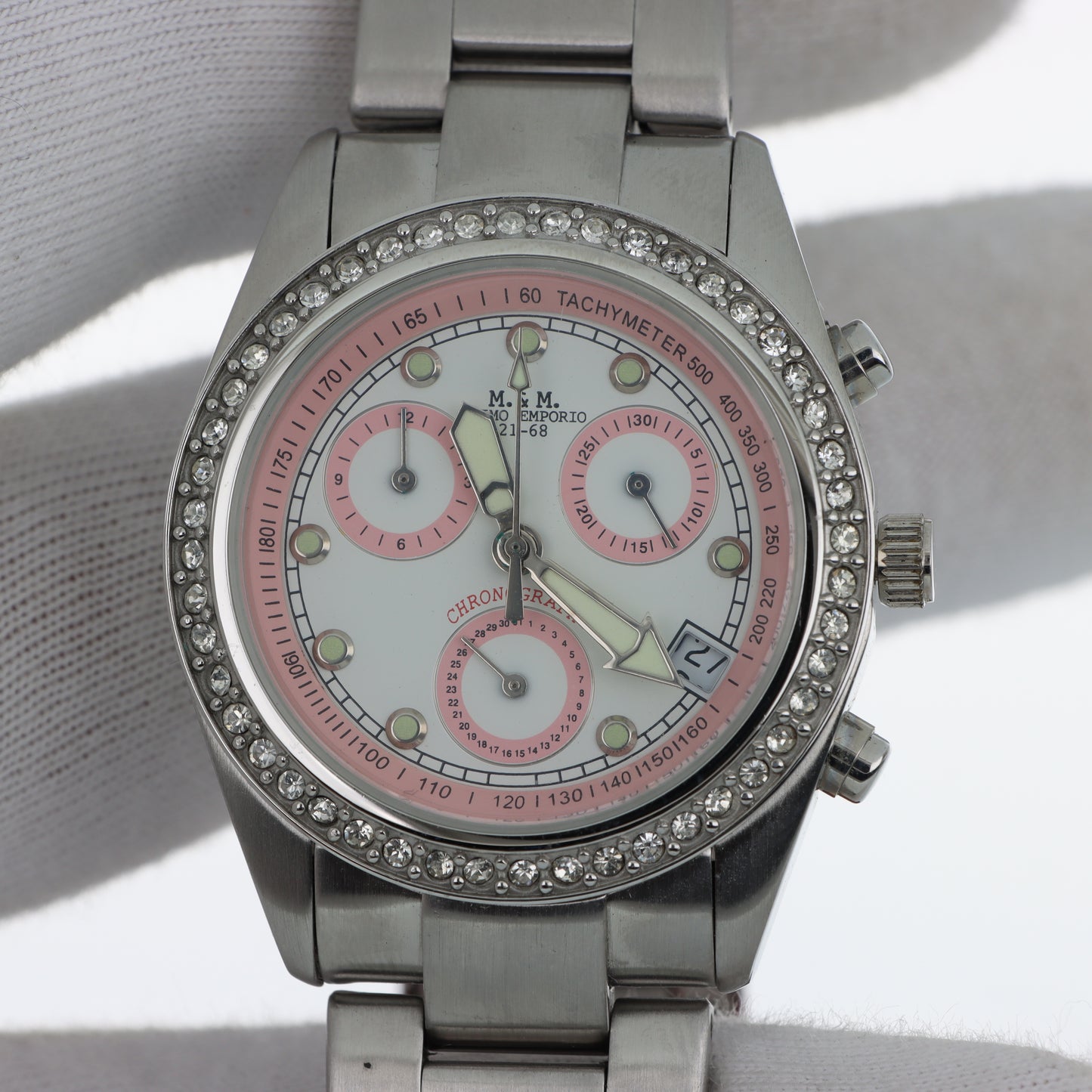 Orologio M&M Primo Emporio 21-68 Cronografo Tachimetro Silver Pink - Lunetta con Cristalli e Bracciale in Acciaio