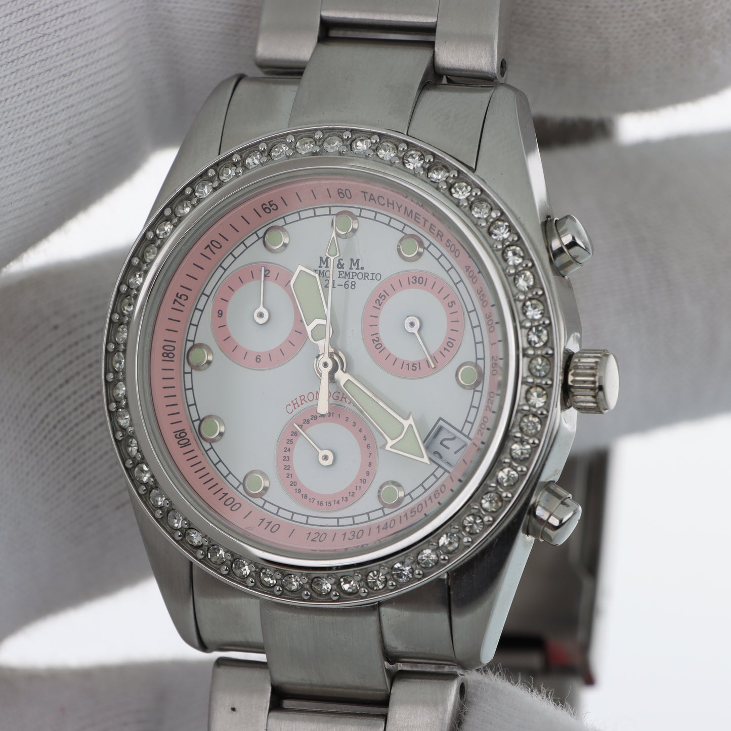 Orologio M&M Primo Emporio 21-68 Cronografo Tachimetro Silver Pink - Lunetta con Cristalli e Bracciale in Acciaio