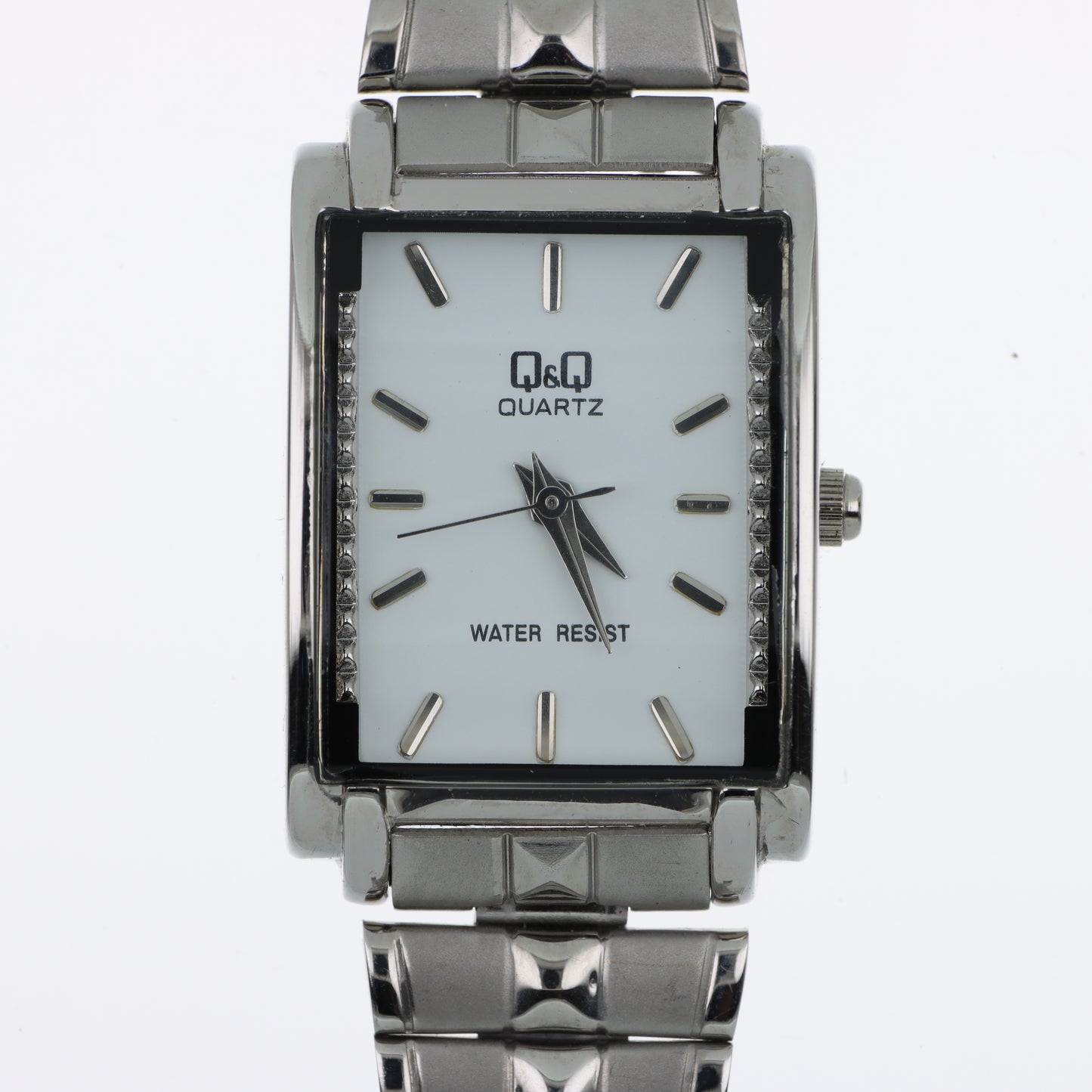 Orologio Q&Q Quartz Rettangolare con Cristalli - Quadrante Bianco e Bracciale in Acciaio