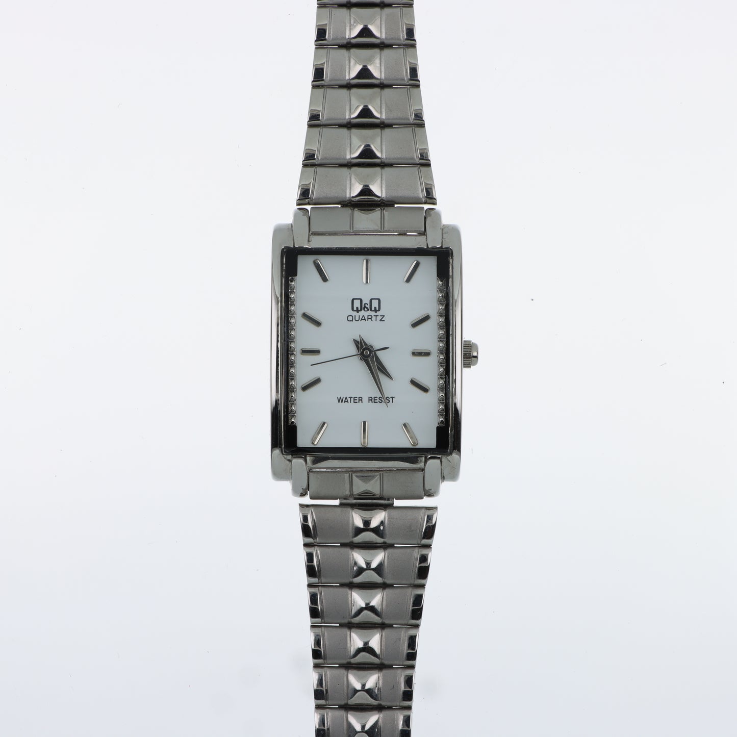 Orologio Q&Q Quartz Rettangolare con Cristalli - Quadrante Bianco e Bracciale in Acciaio