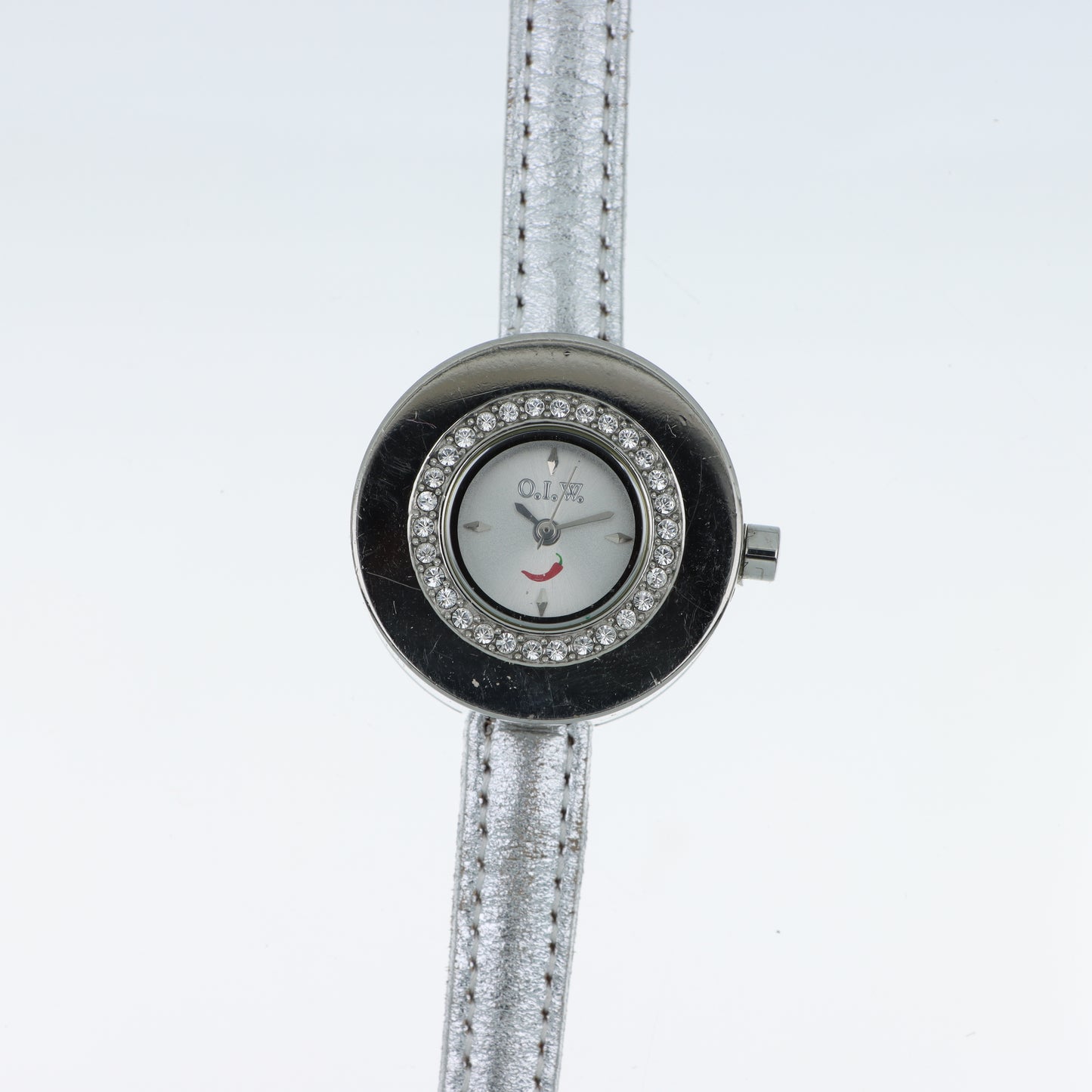 Orologio O.I.W. Chili Pepper - Cassa Bianca con Corona di Cristalli e Cinturino Argento