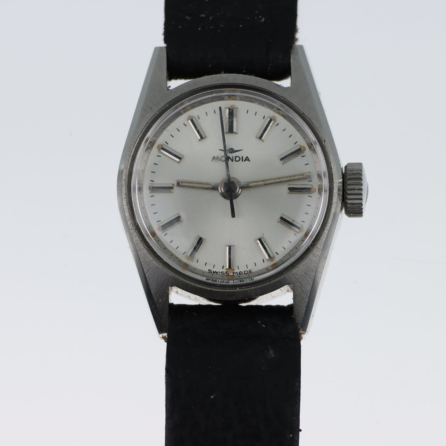 Mondia – Orologio Vintage Swiss Made Cassa Acciaio Quadrante Bianco Cinturino Pelle Nera