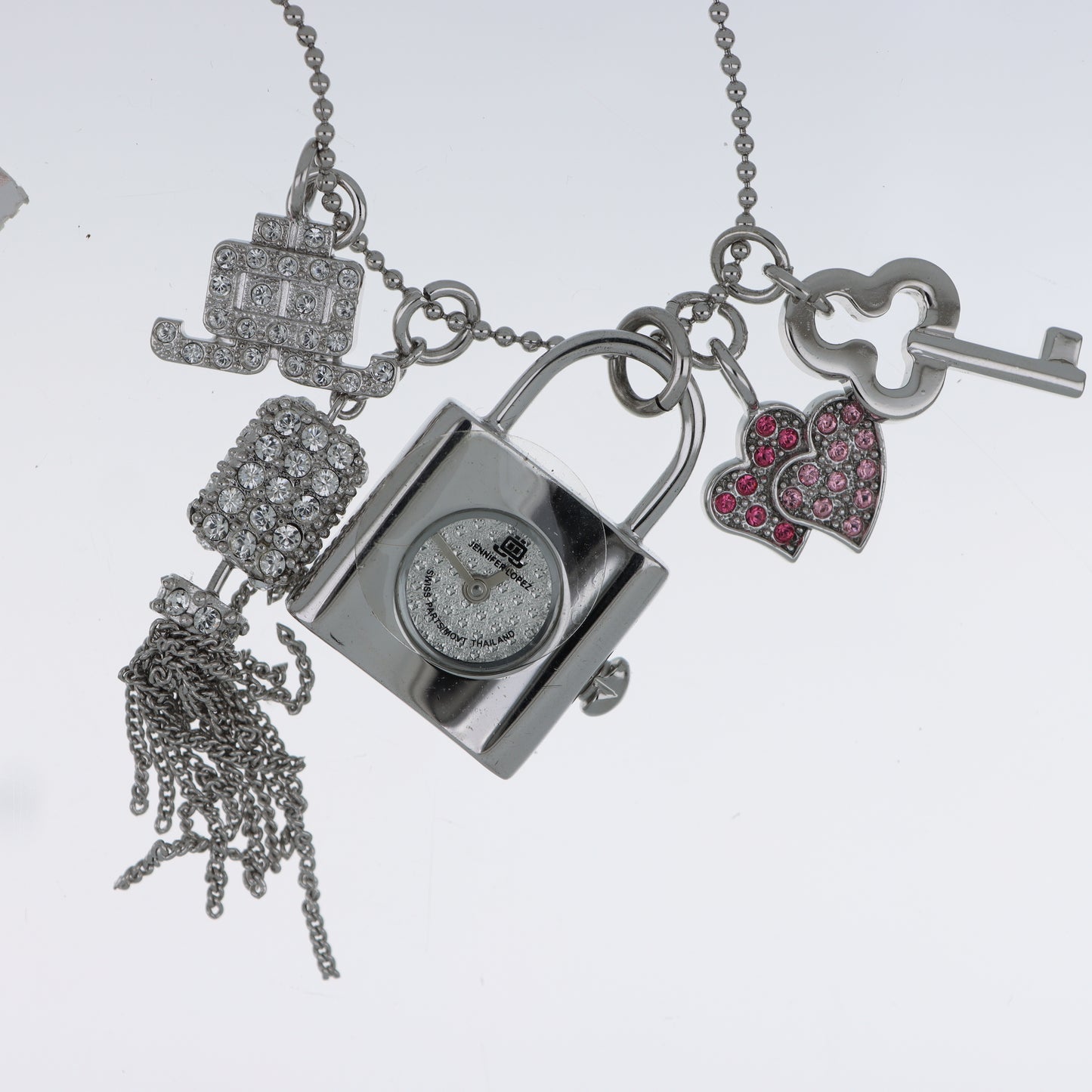 Jennifer Lopez Collana Orologio Lucchetto Argento Charm Cristalli Swiss Parts