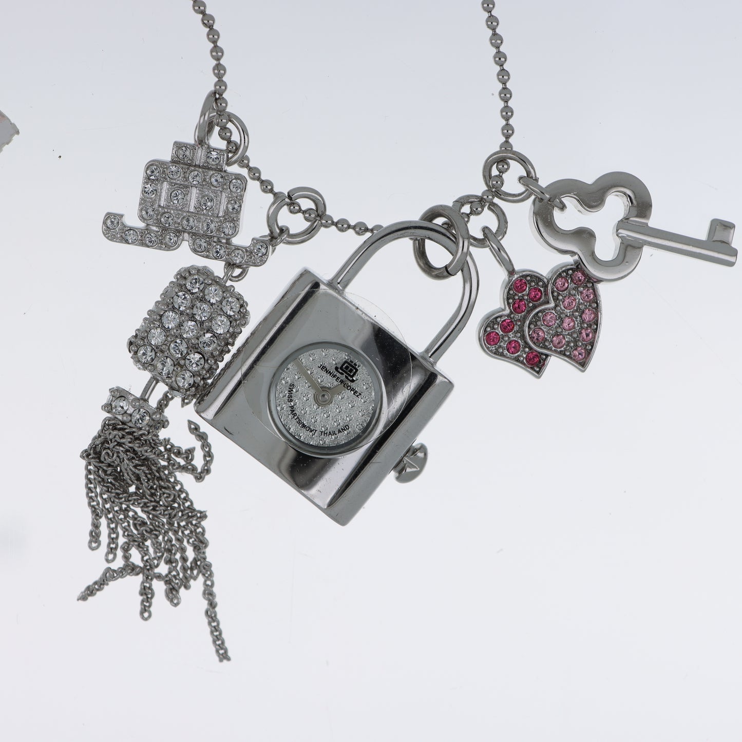 Jennifer Lopez Collana Orologio Lucchetto Argento Charm Cristalli Swiss Parts